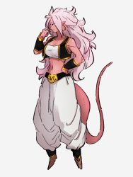 Rule 34 | 1girl, android 21, breasts, cleavage, colored skin, cosplay, dragon ball, dragon ball fighterz, dragonball z, earrings, full body, grey background, hand on own hip, hoop earrings, jewelry, kemachiku, long hair, looking to the side, majin android 21, majin buu, majin buu (cosplay), medium breasts, midriff, navel, pink skin, pointy ears, simple background, solo, tail, white hair