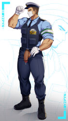 Rule 34 | 1boy, absurdres, armband, artist name, bara, biceps, brown hair, bulletproof vest, gloves, hand on own hip, highres, looking at viewer, male focus, manly, mask, mature male, mouth mask, muscular, muscular male, original, pants, penis, police, police uniform, precum, pubic hair, shoes, short hair, signature, simple background, solo, testicles, thick thighs, thighs, uniform, watch, white background, yzpyn