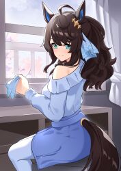Rule 34 | 1girl, absurdres, ahoge, alternate costume, animal ears, blue pantyhose, blue shirt, blue skirt, blurry, blurry background, brown hair, clothing cutout, cloud, cloudy sky, commentary request, daring tact (umamusume), ear ornament, handkerchief, highres, holding, holding handkerchief, horse ears, horse girl, horse tail, long hair, multicolored hair, off-shoulder shirt, off shoulder, pantyhose, ponytail, shelf, shirt, sidelocks, single bare shoulder, sitting, skirt, sky, smile, solo, streaked hair, sunny (20597521), tail, tail through clothes, umamusume, white hair, window, windowsill