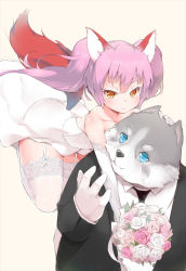 Rule 34 | 1boy, 1girl, animal ears, artist request, bare shoulders, bouquet, brown eyes, dog ears, dress, elbow gloves, elin, fang, flower, formal, furry, furry male, furry with non-furry, garter straps, gloves, hetero, hug, interspecies, jumping, long hair, necktie, pink hair, popori, shirt, smile, strapless, strapless dress, suit, tail, tera online, thighhighs, twintails, wedding dress, white dress, white thighhighs, wolf, wolf ears