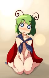 Rule 34 | 1girl, antennae, barefoot, between thighs, blue eyes, blush, cape, collarbone, covering privates, empty eyes, eyebrows, feet, female focus, flat chest, full body, gradient background, green hair, head tilt, kneeling, lens flare, light, naked cape, nude, nude cover, open mouth, short hair, sitting, soles, solo, thighs, touhou, ugif, v arms, wriggle nightbug