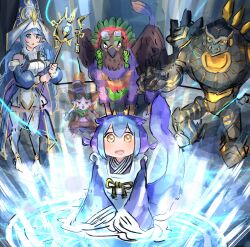 Rule 34 | 1boy, 2girls, apron, blue hair, cat, dragon girl, dragon tail, duel monster, golem, griffin, hat, hatano kiyoshi, highres, laundry dragonmaid, long hair, magic circle, magicore warrior of the relics, maid apron, multiple girls, open mouth, rite of aramesir, scepter, summoning, tail, wandering gryphon rider, water enchantress of the temple, wizard hat, yellow eyes, yu-gi-oh!