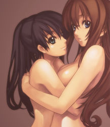 Rule 34 | 00s, 2girls, ar tonelico, ar tonelico i, aurica nestmile, blue eyes, breasts, brown hair, green eyes, gust, hug, large breasts, looking at viewer, medium breasts, misha arsellec lune, multiple girls, nagi ryou, nude, official art, yuri