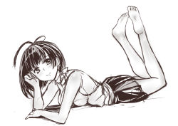 Rule 34 | 10s, 1girl, absurdres, ahoge, barefoot, feet, highres, koutetsujou no kabaneri, looking at viewer, lying, monochrome, mumei (kabaneri), on stomach, sketch, smile, soles, toes