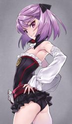 Rule 34 | 1girl, armpits, ass, bare shoulders, breasts, detached sleeves, fate/grand order, fate (series), flat chest, from side, hands on own hips, helena blavatsky (fate), highres, light smile, looking at viewer, matsuryuu, purple eyes, purple hair, sefirot, short hair, skirt, small breasts, smile, solo, standing