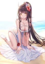 Rule 34 | 1girl, all fours, azur lane, bare shoulders, barefoot, beach, black hair, breasts, cleavage, collarbone, dress, flower, hair flower, hair ornament, hibiscus, hiei (azur lane), hiei (beauty of the white sands) (azur lane), highres, horns, large breasts, long hair, looking at viewer, pdxen, pelvic curtain, ponytail, red flower, revision, rose, sleeveless, sleeveless dress, smile, solo, thighs, very long hair, water, white dress, yellow eyes