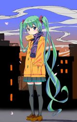 Rule 34 | 1girl, absurdres, blue eyes, bread slice, briefcase, coat, food, food in mouth, green hair, hand in pocket, hatsune miku, highres, kurai nao, long hair, looking at viewer, mouth hold, scarf, skirt, solo, thighhighs, toast, toast in mouth, twintails, very long hair, vocaloid