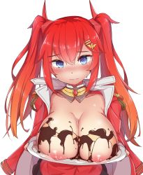 Rule 34 | 1girl, 3:, bad id, bad pixiv id, blue eyes, blush, breasts, breasts on tray, breasts out, chocolate, chocolate on body, chocolate on breasts, food on body, hair between eyes, hair ornament, hairclip, highres, jacket, large breasts, last origin, long hair, looking at viewer, may of doom, nipples, ocs3533, red hair, simple background, solo, twintails, white background