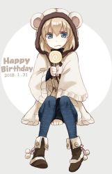 Rule 34 | 10s, 1girl, animal hood, annoyed, arm support, bad id, bad twitter id, black footwear, blonde hair, blue eyes, blue pants, boots, candy, casual, closed mouth, coat, commentary, dated, english text, fang, food, frown, full body, girls und panzer, happy birthday, holding, holding food, hood, hooded coat, invisible chair, katyusha (girls und panzer), leather, leather boots, lollipop, looking at viewer, pants, short hair, sitting, solo, white coat, wide sleeves, yuuyu (777)
