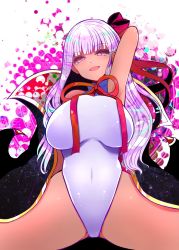 Rule 34 | 1girl, arano oki, arm behind head, arm up, armpits, bare shoulders, bat wings, bb (fate), bb (fate) (all), bb (swimsuit mooncancer) (fate), bb (swimsuit mooncancer) (third ascension) (fate), black coat, blush, breasts, coat, covered navel, dark-skinned female, dark skin, fate/grand order, fate (series), gloves, hair ribbon, highleg, highleg leotard, highres, large breasts, leotard, long hair, looking at viewer, neck ribbon, open clothes, open coat, open mouth, popped collar, purple eyes, purple hair, red ribbon, ribbon, smile, spread legs, tan, thighs, vampire costume, very long hair, white gloves, white leotard, wings