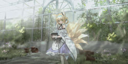Rule 34 | 1girl, absurdres, animal ear fluff, animal ears, aqua hairband, arknights, bare shoulders, blonde hair, blouse, blue hairband, bush, chihuri, earpiece, flower, flower pot, fox ears, fox girl, fox tail, garden, gardening, green eyes, hair rings, hairband, highres, infection monitor (arknights), kitsune, kyuubi, large tail, looking at viewer, material growth, mongoose ears, multiple tails, oripathy lesion (arknights), plant, shirt, skirt, suzuran (arknights), tail, white shirt, white skirt