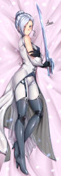 Rule 34 | 1girl, absurdres, adsouto, bed, blue eyes, blush, boots, breasts, covered erect nipples, dakimakura (medium), eyes visible through hair, full body, hair bun, hair over one eye, high heel boots, high heels, highres, holding, holding sword, holding weapon, medium breasts, military, rwby, single hair bun, solo, sword, tagme, thigh boots, thighhighs, uniform, weapon, white hair, white thighhighs, winter schnee