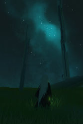 Rule 34 | 1girl, asteroid ill, bad id, bad pixiv id, black dress, building, dark, dress, field, from behind, glowing, grass, iz (asteroid ill), long hair, night, night sky, on grass, original, scenery, science fiction, sky, solo, standing, star (sky), starry sky, very long hair, white hair