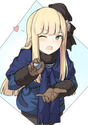 Rule 34 | 1girl, ;o, beret, black hat, black pantyhose, blonde hair, blue eyes, blue jacket, blush, brown gloves, fate/grand order, fate (series), flower, food, fur collar, fur trim, gloves, green eyes, hair flower, hair ornament, hands up, hat, heart, holding, jacket, long hair, long sleeves, looking at viewer, lord el-melloi ii case files, one eye closed, open mouth, pantyhose, reines el-melloi archisorte, shiseki hirame, smile, solo, tilted headwear, valentine, white flower
