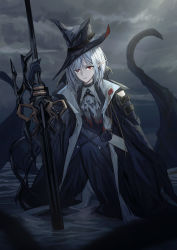 Rule 34 | 1girl, absurdres, arknights, ascot, black coat, black dress, black gloves, black headwear, blood, blood on hands, cape, coat, commentary, cowboy shot, dress, earrings, english commentary, gladiia (arknights), gloves, hat, highres, holding, holding polearm, holding spear, holding weapon, jewelry, looking away, outdoors, pants, planted, planted spear, pointy ears, polearm, red eyes, silver hair, spear, tentacles, tight clothes, tight pants, wading, water, weapon, white ascot, white pants, xiaomai yorik