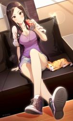 Rule 34 | blue shorts, blush, breasts, brown eyes, brown hair, can, cat, cleavage, commentary request, couch, crossed legs, cutoff jeans, cutoffs, drink can, holding, holding can, idolmaster, idolmaster cinderella girls, jacket, jewelry, large breasts, lens flare, long hair, mukai takumi, necklace, on couch, open clothes, open jacket, purple shirt, shangzi, shirt, shoes, short sleeves, shorts, sitting, sneakers, soda can, tabby cat, twitter username