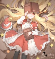 1girl absurdly_long_hair apricot_tea_(kururingo) blonde_hair book bow bowtie capelet crying dated frilled_skirt frills gauze gauze_on_face holding holding_book kori_(pixiv_78085476) kururingo long_hair long_sleeves looking_at_viewer lying on_back pink_capelet pink_skirt shirt skirt solo very_long_hair white_bow white_bowtie white_shirt white_trim