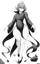 Rule 34 | 1girl, absurdres, bare legs, black dress, breasts, covered navel, dress, floating, full body, greyscale, highres, knees, levitation, looking at viewer, monochrome, one-punch man, small breasts, solo, speedl00ver, tatsumaki, telekinesis, thick thighs, thighs