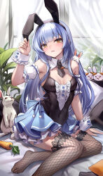 Rule 34 | 1girl, absurdres, adapted costume, animal ear hairband, animal ears, armpits, bare shoulders, bed, biting shoulder, blue hair, blue skirt, blush, bow, bowtie, breasts, buttons, carrot, cleavage, collarbone, covered navel, crossed legs, curtains, detached collar, embarrassed, eyelashes, fake animal ears, feet, frills, highres, hololive, lace trim, leotard, long hair, maid, maid leotard, pillow, plant, playboy bunny, potted plant, rabbit ear hairband, rabbit ears, rabbit tail, sitting, skirt, small breasts, tail, thick eyebrows, thighhighs, thighs, unconventional maid, usada pekora, usada pekora (furi furi bunny dress), virtual youtuber, window, wrist cuffs, wszkii, yellow eyes