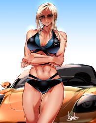 Rule 34 | 1girl, abs, bikini, black bikini, blonde hair, bowalia, breasts, brown eyes, car, commentary request, cowboy shot, crossed arms, fiat barchetta, motor vehicle, navel piercing, original, parted lips, piercing, signature, solo, sunglasses, swimsuit, thighs, toned