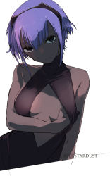 Rule 34 | 1girl, artist name, artist request, bare shoulders, breast hold, breasts, center opening, closed mouth, cropped arms, cropped torso, dark skin, dark-skinned female, fate/prototype, fate/prototype: fragments of blue and silver, fate (series), hairband, hand under clothes, hassan of serenity (fate), highres, kojima (blue stardust), looking at viewer, purple eyes, purple hair, shaded face, short hair, simple background, small breasts, solo, white background