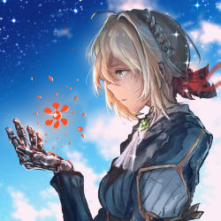 Rule 34 | 1girl, advarcher, bad id, bad pixiv id, blonde hair, blue eyes, blue jacket, blue sky, braid, brooch, cloud, commentary, crying, crying with eyes open, english commentary, from side, hair between eyes, hair intakes, hair ribbon, highres, jacket, jewelry, kyoto animation, mechanical hands, prosthesis, prosthetic arm, prosthetic hand, red ribbon, ribbon, single mechanical hand, sky, star (sky), starry sky, tears, violet evergarden, violet evergarden (series), white neckwear
