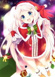 Rule 34 | 1girl, :d, bell, blonde hair, blue eyes, blush, boots, box, capelet, christmas, dress, fur trim, gift, gift box, gloves, hair ornament, hair ribbon, hairclip, hat, highres, long hair, looking at viewer, low twintails, open mouth, original, outstretched hand, red gloves, ribbon, sack, santa costume, santa hat, shirogane rio (artist), short dress, smile, snow, snowing, solo, star (symbol), starry background, tassel, twintails, very long hair, white hair