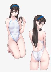 Rule 34 | 1girl, aqua eyes, ass, bare arms, bare legs, bare shoulders, barefoot, black-framed eyewear, black hair, blue hairband, cropped legs, glasses, groin, hair between eyes, hairband, highres, holding, holding own hair, kantai collection, long hair, multiple views, one-piece swimsuit, ooyodo (kancolle), open mouth, semi-rimless eyewear, sidelocks, simple background, smile, swimsuit, under-rim eyewear, wedgie, white background, white one-piece swimsuit, yuuji (and)