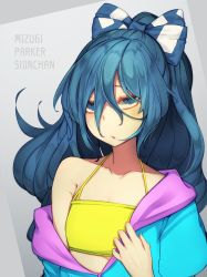 Rule 34 | 1girl, :o, absurdres, ai ken, bikini, bikini top only, blue bow, blue eyes, blue hair, blue hoodie, blush, bow, character name, collarbone, debt, flat chest, grey background, hair between eyes, hair bow, halterneck, highres, hood, hoodie, long hair, looking at viewer, off shoulder, romaji text, solo, swimsuit, touhou, two-tone background, upper body, yellow bikini, yorigami shion
