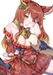 Rule 34 | 10s, 1boy, 1girl, animal ears, anthuria, ao (time-leap), bare shoulders, grabbing another&#039;s breast, breasts, breath, dress, erune, grabbing, granblue fantasy, hair ornament, hetero, highres, long hair, looking at viewer, medium breasts, nipples, one breast out, open mouth, orange hair, puffy nipples, red dress, red eyes, red hair, solo focus