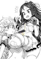 Rule 34 | 10s, 2girls, @ @, arrow (symbol), asanagi, blush, bouncing, braid, breast envy, breasts, cellphone, cleavage, cleavage cutout, clothing cutout, commentary request, covered erect nipples, fang, fingerless gloves, flat chest, gloves, greyscale, huge breasts, kantai collection, katsuragi (kancolle), long hair, midriff, monochrome, motion lines, multiple girls, open mouth, phone, simple background, smartphone, sweatdrop, tawawa challenge, thighhighs, tsurime, unryuu (kancolle), white background