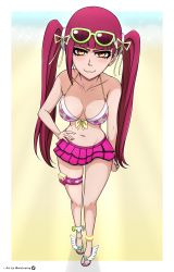 Rule 34 | 1girl, absurdres, beach, bikini, bikini skirt, bleach, blush, breasts, curvy, dokugamine riruka, female focus, hand on own hip, highres, hime cut, long hair, long twintails, looking at viewer, mistowing, naughty face, navel, pink bikini, pink eyes, pink hair, ponytail, reaching, reaching towards viewer, simple background, smile, solo, standing, swimsuit, thigh strap, tsundere, twintails, very long hair, water