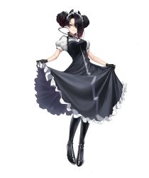 Rule 34 | 1girl, absurdres, agent (girls&#039; frontline), black dress, black footwear, black gloves, black hair, boots, breasts, closed mouth, clothes lift, double bun, dress, dress lift, full body, girls&#039; frontline, gloves, hair between eyes, hair bun, hair over one eye, high heel boots, high heels, highres, kimi (hearty yuuki), knee boots, looking at viewer, maid, maid headdress, medium hair, revision, rubber boots, rubber gloves, sangvis ferri, smile, solo, standing, white background, yellow eyes