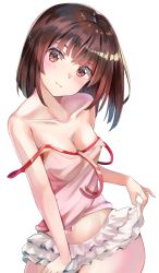 Rule 34 | 1girl, absurdres, adjusting skirt, bare shoulders, blunt bangs, blush, bob cut, breasts, brown eyes, brown hair, camisole, cleavage, closed mouth, clothes lift, collarbone, commentary, cowboy shot, frilled skirt, frills, hairband, hand on lap, head tilt, highres, lifting own clothes, looking at viewer, medium hair, microskirt, midriff, monogatari (series), navel, off shoulder, sengoku nadeko, shirt, simple background, skirt, skirt lift, small breasts, solo, strap slip, unworn hairband, white background, white shirt, yuunamida uyu
