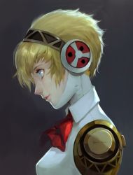 Rule 34 | 1girl, absurdres, aegis (persona), android, blonde hair, blue eyes, bow, breasts, closed mouth, commentary, english commentary, highres, joints, persona, persona 3, ribbon, robot joints, short hair, simple background, smile, solo, xq