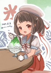 Rule 34 | 1girl, black hair, blue sailor collar, commentary request, food, hat, hip vent, kantai collection, kooribata, kurahashi (kancolle), looking at viewer, medium hair, one-hour drawing challenge, pleated skirt, puffy short sleeves, puffy sleeves, red eyes, red skirt, sailor collar, sailor hat, sailor shirt, school uniform, serafuku, shaved ice, shirt, short sleeves, skirt, smile, solo, table, twintails, white shirt, wss (nicoseiga19993411)