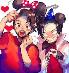 Rule 34 | 2boys, animification, apex legends, black hair, blush, bow, brown hair, clenched hands, covering own mouth, crypto (apex legends), disney, disneyland, drone, facial hair, gloves, goatee, hack (apex legends), hand over own mouth, heart, hiding, laughing, mickey mouse ears, minnie mouse ears, mirage (apex legends), multiple boys, partially fingerless gloves, pointing, red bow, red shirt, repikinoko, shirt, smile, sparkle, white background