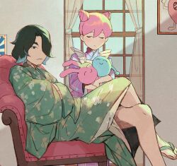 Rule 34 | 1boy, 1girl, alternate costume, apron, black hair, blush, cone hair bun, crossed legs, double bun, facial hair, facing viewer, flip-flops, foot out of frame, goatee stubble, green kimono, hacchi&#039;s mahou shoujo minky pinky, hacchi (napoli no otokotachi), hair bun, hands in opposite sleeves, highres, holding, holding stuffed toy, indoors, japanese clothes, kimono, long sleeves, looking at viewer, maid, maid apron, napoli no otokotachi, nasubinonono, no socks, on chair, one eye covered, picture frame, pink hair, print kimono, purple kimono, reclining, sandals, short hair, standing, stubble, stuffed toy, wa maid, wide sleeves, window