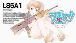 Rule 34 | assault rifle, blue eyes, brown hair, gun, highres, l85a1 (upotte!!), microskirt, panties, rifle, shoes, short hair, skirt, solo, takami akio, underwear, upotte!!, weapon