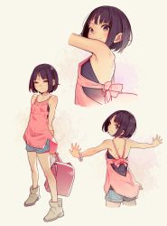 Rule 34 | 1girl, absurdres, arms behind back, bag, bare shoulders, blue shorts, boots, bracelet, brown eyes, brown footwear, brown hair, child, closed mouth, commentary request, dress, full body, highres, holding, holding bag, jewelry, legs, looking at viewer, miyu (tiny evil), muk (monsieur), original, outstretched arms, pink dress, short hair, shorts, smile, solo, tiny evil