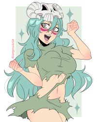Rule 34 | 1girl, arrancar, bleach, breasts, clenched hand, clenched hands, dangerousbride, facial mark, facing viewer, fang, green background, green hair, green shirt, green skirt, grey eyes, hair between eyes, hands up, happy, highres, horns, large breasts, long hair, looking at viewer, mask, mask on head, midriff, navel, nelliel tu odelschwanck, open mouth, shirt, short sleeves, skirt, skull, skull mask, smile, solo, sparkle, standing, teeth, tongue, torn clothes, torn shirt, torn skirt