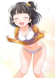 Rule 34 | 1girl, black hair, breasts, cleavage, closed eyes, commentary request, flower, hair flower, hair ornament, highres, idolmaster, idolmaster million live!, inoue sora, looking at viewer, midriff, nakatani iku, navel, one side up, open mouth, panties, short ponytail, short sleeves, smile, solo, speech bubble, sports bra, sweat, underwear, white panties