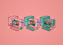 Rule 34 | artist name, computer, flower, keyboard, meyoco, monitor, mouse (computer), no humans, original, pink background, pink flower, simple background, sparkle, white flower