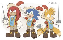 boots cape cosplay disney donald_duck echidna_(animal) fox goofy hat hedgehog knuckles_the_echidna mickey_mouse multiple_tails musketeer qkora01 roleplay sega smile sonic_(series) sonic_the_hedgehog sword tail tails_(sonic) the_three_musketeers two_tails weapon