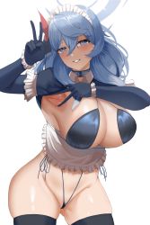 Rule 34 | 1girl, ako (blue archive), apron, armpit focus, bikini, blue archive, blue eyes, blue hair, blush, breasts, cleavage, collar, cowboy shot, frills, gluteal fold, hair between eyes, hair ribbon, halo, highres, huge breasts, long hair, looking at viewer, maid, maid bikini, maid headdress, micro panties, mole, navel, panties, pussy, pussy peek, ribbon, shrug (clothing), solo, swimsuit, thighhighs, tomi27, unconventional maid, underwear, v, white background