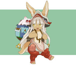 Rule 34 | 2others, :3, animal ears, body fur, carrying, carrying person, creature, ears through headwear, fake horns, furry, helmet, highres, horned helmet, horns, i u d e x, in pot, made in abyss, mitty (made in abyss), multicolored pants, multiple others, nanachi (made in abyss), other focus, pants, puffy pants, simple background, whiskers