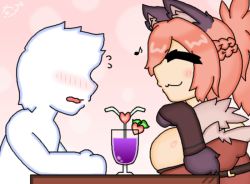 Rule 34 | 1boy, 1girl, :3, animal ear fluff, animal ears, animal hands, artist request, blush, breasts, cleavage, closed eyes, cup, drinking glass, drinking straw, fur, gloves, heart, large breasts, manticore (monster girl encyclopedia), monster girl, monster girl encyclopedia, pink hair, sideboob, table