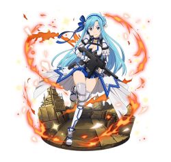 Rule 34 | 1girl, armor, asuna (sao-alo), blue eyes, blue hair, blue ribbon, blue shorts, boots, breasts, cape, cleavage, collarbone, faux figurine, fire, floating hair, full body, gun, holding, holding gun, holding weapon, leg up, long hair, medium breasts, microphone, pointy ears, ribbon, short shorts, shorts, simple background, smile, solo, standing, standing on one leg, sword art online, thigh boots, thighhighs, very long hair, weapon, white background, white footwear