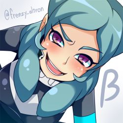Rule 34 | 1girl, aqua hair, armband, artist name, beta (inazuma eleven), blush, breasts, character name, greek text, inazuma eleven (series), inazuma eleven go, inazuma eleven go chrono stone, kyouran souryuu, long hair, looking at viewer, open mouth, protocol omega, purple eyes, solo, upper body