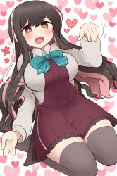 Rule 34 | 1girl, black hair, blazer, blouse, blue ribbon, blush, bow, bowtie, breasts, dress, fang, fingerless gloves, gloves, grey thighhighs, hair down, hairband, halterneck, heart, heart background, highres, jacket, kantai collection, lap pillow, lap pillow invitation, large breasts, long hair, multicolored hair, naganami (kancolle), naganami kai ni (kancolle), neckwear request, open mouth, pink hair, pleated skirt, ribbon, seiza, shirt, simoyuki, sitting, skirt, smile, solo, thighhighs, two-tone hair, vest, wavy hair, white hairband, white shirt
